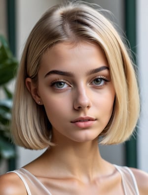 photography, realistic, raw photo, reddit, closeup, italian girl, 18 years old, blonde straight bob hair, translucent exquisite top