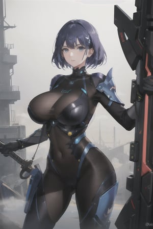 2 girls, looking around, weapons at the ready, dynamic stance, huge breasts, huge curvy hips, narrow waist, skinny, skin tight battle suit, cerulean blue, armor, futuristic, sci-fi, cyberware, cybertech, unexplored world, mist, ancient marvelous structures, ultra highres, atmosphere of mystery and danger, (detailed face:1.2), (detailed eyes:1.2), detailed background, intricate, foggy landscape, masterpiece, best quality,xxmix_girl