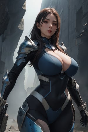 2 girls, looking around, weapons at the ready, dynamic stance, huge breasts, huge curvy hips, narrow waist, skinny, skin tight battle suit, cerulean blue, armor, futuristic, sci-fi, cyberware, cybertech, unexplored world, mist, ancient marvelous structures, ultra highres, atmosphere of mystery and danger, (detailed face:1.2), (detailed eyes:1.2), detailed background, intricate, foggy landscape, masterpiece, best quality