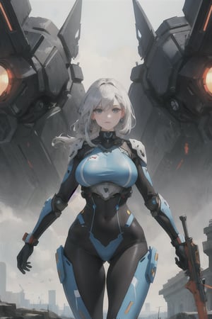 2 girls, looking around, weapons at the ready, dynamic stance, huge breasts, huge curvy hips, narrow waist, skinny, skin tight battle suit, cerulean blue, armor, futuristic, sci-fi, cyberware, cybertech, unexplored world, mist, ancient marvelous structures, ultra highres, atmosphere of mystery and danger, (detailed face:1.2), (detailed eyes:1.2), detailed background, intricate, foggy landscape, masterpiece, best quality