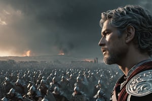 Roman legionnaire, observing a battlefield, side shot, thousands of romans and barbarians are fighting in the backgound, two armies, battle, war scene, (RAW photo, best quality), (realistic, photo-Realistic:1.3), best quality, masterpiece, beautiful and aesthetic, 32K, high contrast, (vibrant color:1.4), cinematic lighting, ambient lighting, sidelighting, exquisite details and textures, cinematic shot, (bright and intense:1.2), a flawlessly composed and exquisitely lit photograph captures the essence of art, filigree elements, glowing accents, perfect composition on complex backgrounds, breathtaking surreal masterpiece, hyperrealistic inspired by Egon Schiele, Luis Royo, artistic, enchanting colors, masterful shadows, hyper details, hyperrealistic, otherworldly, by Yoshitaka Amano, Yoji Shinkawa, complex background, perfect composition, epic, rtx on, octane render, UHD, ghost person