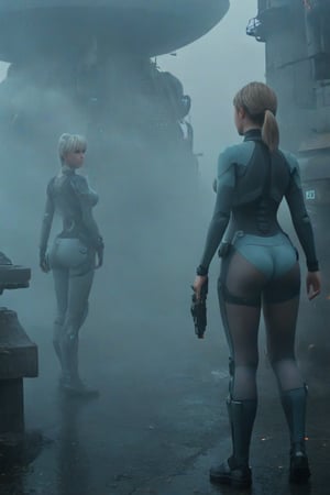 2 girls, looking around, weapons at the ready, dynamic stance, huge breasts, huge curvy hips, narrow waist, skinny, skin tight battle suit, cerulean blue, armor, futuristic, sci-fi, cyberware, cybertech, unexplored world, mist, ancient marvelous structures, ultra highres, atmosphere of mystery and danger, (detailed face:1.2), (detailed eyes:1.2), detailed background, intricate, foggy landscape, ultra wide lanscape shot, side shot, ultra detailed, realistic grayish colors, cinematic moviemaker style, elina, Decora_SWstyle, animification