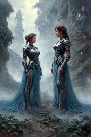 2 girls, looking around, weapons at the ready, dynamic stance, huge breasts, huge curvy hips, narrow waist, skinny, skin tight battle suit, cerulean blue, armor, futuristic, sci-fi, cyberware, cybertech, unexplored world, mist, ancient marvelous structures, ultra highres, atmosphere of mystery and danger, (detailed face:1.2), (detailed eyes:1.2), detailed background, intricate, foggy landscape, ghost person,score_9