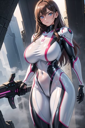 2 girls, looking around, weapons at the ready, dynamic stance, huge breasts, huge curvy hips, narrow waist, skinny, skin tight translucent white glossy smooth bodysuit, armor, futuristic, sci-fi, cyberware, cybertech, unexplored world, mist, ancient marvelous structures, ultra highres, atmosphere of mystery and danger, (detailed face:1.2), (detailed eyes:1.2), detailed background, intricate, foggy landscape, masterpiece, best quality, perfect, Enhance, FUJI, rubbersuit02, rubbersuit, realhands, Extremely Realistic, latex suit, rubber suit