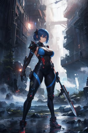 2 girls, looking around, weapons at the ready, dynamic stance, huge breasts, huge curvy hips, narrow waist, skinny, skin tight battle suit, cerulean blue, armor, futuristic, sci-fi, cyberware, cybertech, unexplored world, mist, ancient marvelous structures, ultra highres, atmosphere of mystery and danger, (detailed face:1.2), (detailed eyes:1.2), detailed background, intricate, foggy landscape, masterpiece, best quality,incredibly absurdres