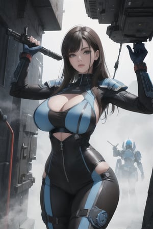 2 girls, looking around, weapons at the ready, dynamic stance, huge breasts, huge curvy hips, narrow waist, skinny, skin tight battle suit, cerulean blue, armor, futuristic, sci-fi, cyberware, cybertech, unexplored world, mist, ancient marvelous structures, ultra highres, atmosphere of mystery and danger, (detailed face:1.2), (detailed eyes:1.2), detailed background, intricate, foggy landscape, Masterpiece,masterpiece