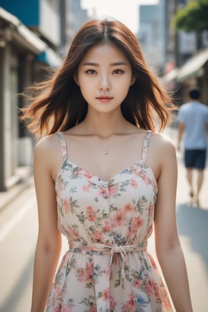 photo, photography, beautiful korean girl in floral printed sundress, on Seoul street