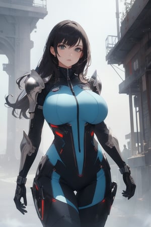 2 girls, looking around, weapons at the ready, dynamic stance, huge breasts, huge curvy hips, narrow waist, skinny, skin tight battle suit, cerulean blue, armor, futuristic, sci-fi, cyberware, cybertech, unexplored world, mist, ancient marvelous structures, ultra highres, atmosphere of mystery and danger, (detailed face:1.2), (detailed eyes:1.2), detailed background, intricate, foggy landscape, masterpiece, best quality,incredibly absurdres