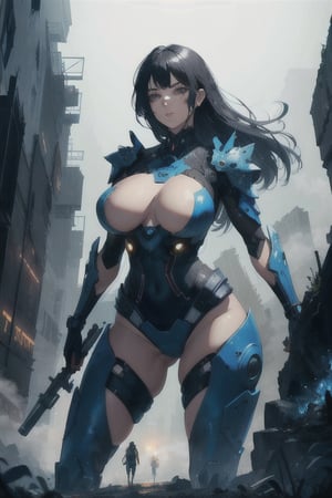 2 girls, looking around, weapons at the ready, dynamic stance, huge breasts, huge curvy hips, narrow waist, skinny, skin tight battle suit, cerulean blue, armor, futuristic, sci-fi, cyberware, cybertech, unexplored world, mist, ancient marvelous structures, ultra highres, atmosphere of mystery and danger, (detailed face:1.2), (detailed eyes:1.2), detailed background, intricate, foggy landscape, masterpiece, best quality