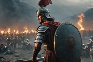 Roman legionnaire, observing a battlefield, side shot, thousands of romans and barbarians are fighting in the backgound, two armies, battle, war scene, (RAW photo, best quality), (realistic, photo-Realistic:1.3), best quality, masterpiece, beautiful and aesthetic, 32K, high contrast, (vibrant color:1.4), cinematic lighting, ambient lighting, sidelighting, exquisite details and textures, cinematic shot, (bright and intense:1.2), a flawlessly composed and exquisitely lit photograph captures the essence of art, filigree elements, glowing accents, perfect composition on complex backgrounds, breathtaking surreal masterpiece, hyperrealistic inspired by Egon Schiele, Luis Royo, artistic, enchanting colors, masterful shadows, hyper details, hyperrealistic, otherworldly, by Yoshitaka Amano, Yoji Shinkawa, complex background, perfect composition, epic, rtx on, octane render, UHD, ghost person