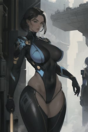 2 girls, looking around, weapons at the ready, dynamic stance, huge breasts, huge curvy hips, narrow waist, skinny, skin tight battle suit, cerulean blue, armor, futuristic, sci-fi, cyberware, cybertech, unexplored world, mist, ancient marvelous structures, ultra highres, atmosphere of mystery and danger, (detailed face:1.2), (detailed eyes:1.2), detailed background, intricate, foggy landscape, masterpiece, best quality