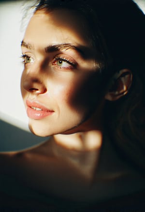 A close-up portrait shot of a serene individual, featuring a stunningly beautiful face with intricate, detailed eyes and luscious lips. Soft, natural lighting illuminates the subject's features, accentuating the subtle curves of their smile. The composition is minimalist, focusing attention solely on the captivating visage, as if frozen in time.