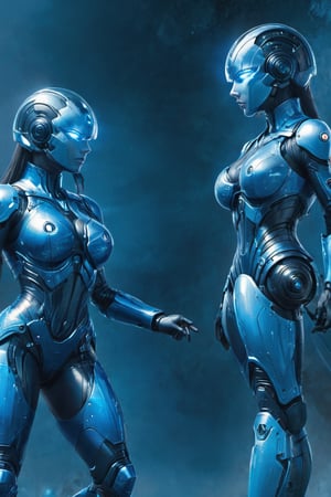 2 girls, looking around, weapons at the ready, dynamic stance, huge breasts, huge curvy hips, narrow waist, skinny, skin tight battle suit, cerulean blue, armor, futuristic, sci-fi, cyberware, cybertech, unexplored world, mist, ancient marvelous structures, ultra highres, atmosphere of mystery and danger, (detailed face:1.2), (detailed eyes:1.2), detailed background, intricate, foggy landscape