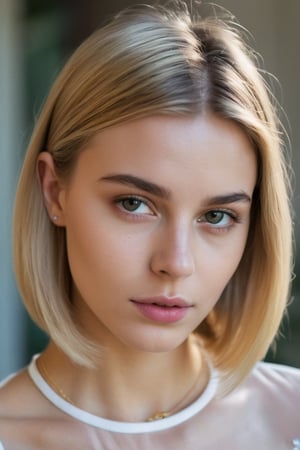 photography, realistic, raw photo, reddit, closeup, italian girl, 18 years old, blonde straight bob hair, translucent exquisite top