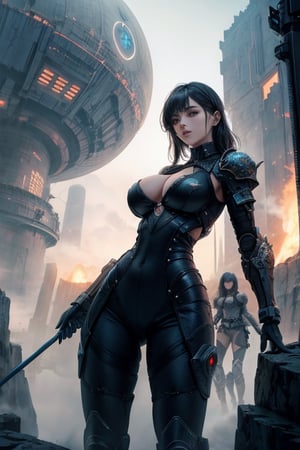 2 girls, looking around, weapons at the ready, dynamic stance, huge breasts, huge curvy hips, narrow waist, skinny, skin tight battle suit, cerulean blue, armor, futuristic, sci-fi, cyberware, cybertech, unexplored world, mist, ancient marvelous structures, ultra highres, atmosphere of mystery and danger, (detailed face:1.2), (detailed eyes:1.2), detailed background, intricate, foggy landscape, masterpiece, best quality