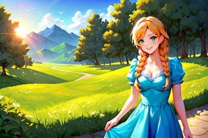 score_9, score_8_up, score_7_up, (1girl) looking at camera, braids, smiling, dress, rural envionment, lens flare, beautiful day (fabric with intricate pattern:1.2), (insanely detailed:1.2), ((masterpiece)), (painting:1.1), (digital painting:1.1)