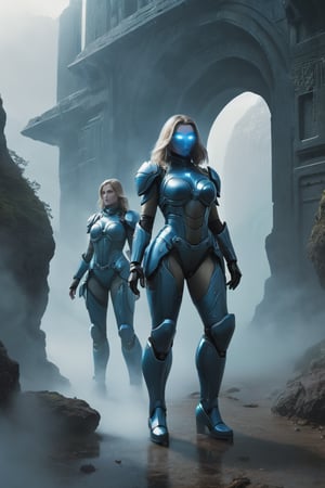 2 girls, looking around, weapons at the ready, dynamic stance, huge breasts, huge curvy hips, narrow waist, skinny, skin tight battle suit, cerulean blue, armor, futuristic, sci-fi, cyberware, cybertech, unexplored world, mist, ancient marvelous structures, ultra highres, atmosphere of mystery and danger, (detailed face:1.2), (detailed eyes:1.2), detailed background, intricate, foggy landscape, ghost person