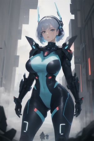 2 girls, looking around, weapons at the ready, dynamic stance, huge breasts, huge curvy hips, narrow waist, skinny, skin tight battle suit, cerulean blue, armor, futuristic, sci-fi, cyberware, cybertech, unexplored world, mist, ancient marvelous structures, ultra highres, atmosphere of mystery and danger, (detailed face:1.2), (detailed eyes:1.2), detailed background, intricate, foggy landscape, masterpiece, best quality