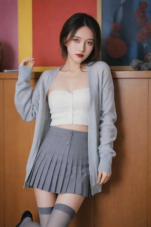 grey pleated skirt, grey cardigan, stockings,full_body, perfect hands, perfect lighting, vibrant colors, intricate details, high detailed skin, intricate background, realistic, raw, analog, taken by Canon EOS,SIGMA Art Lens 35mm F1.4,ISO 200 Shutter Speed 2000,Vivid picture,hubggirl