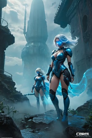 2 girls, looking around, weapons at the ready, dynamic stance, huge breasts, huge curvy hips, narrow waist, skinny, skin tight battle suit, cerulean blue, armor, futuristic, sci-fi, cyberware, cybertech, unexplored world, mist, ancient marvelous structures, ultra highres, atmosphere of mystery and danger, (detailed face:1.2), (detailed eyes:1.2), detailed background, intricate, foggy landscape, ghost person