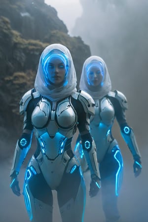 2 girls, looking around, weapons at the ready, dynamic stance, huge breasts, huge curvy hips, narrow waist, skinny, skin tight battle suit, cerulean blue, armor, futuristic, sci-fi, cyberware, cybertech, unexplored world, mist, ancient marvelous structures, ultra highres, atmosphere of mystery and danger, (detailed face:1.2), (detailed eyes:1.2), detailed background, intricate, foggy landscape, ghost person