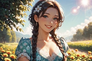 score_9, score_8_up, score_7_up, 1girl, braids, smiling, dress, rural envionment, lens flare, beautiful day (fabric with intricate pattern:1.2), (insanely detailed:1.2), best quality, HD32k