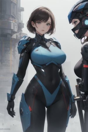 2 girls, looking around, weapons at the ready, dynamic stance, huge breasts, huge curvy hips, narrow waist, skinny, skin tight battle suit, cerulean blue, armor, futuristic, sci-fi, cyberware, cybertech, unexplored world, mist, ancient marvelous structures, ultra highres, atmosphere of mystery and danger, (detailed face:1.2), (detailed eyes:1.2), detailed background, intricate, foggy landscape, masterpiece, best quality