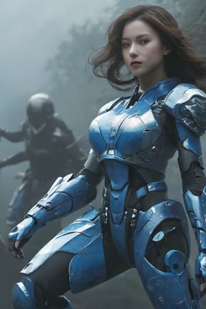 2 girls, looking around, weapons at the ready, dynamic stance, huge breasts, huge curvy hips, narrow waist, skinny, skin tight battle suit, cerulean blue, armor, futuristic, sci-fi, cyberware, cybertech, unexplored world, mist, ancient marvelous structures, ultra highres, atmosphere of mystery and danger, (detailed face:1.2), (detailed eyes:1.2), detailed background, intricate, foggy landscape, ghost person,xxmixgirl