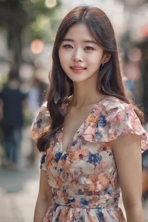 beautiful korean girl in floral printed sundress, on Seoul street, detailed iris and pupil, textured skin, realistic, intricate detailed, Camera="Hasselblad X1D 50c", Lens="Hasselblad XCD 90 mm f/3.2 ", "Aperture-of=f/2.8", "ISO=100"