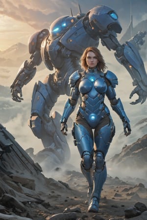 2 girls, looking around, weapons at the ready, dynamic stance, huge breasts, huge curvy hips, narrow waist, skinny, skin tight battle suit, cerulean blue, armor, futuristic, sci-fi, cyberware, cybertech, unexplored world, mist, ancient marvelous structures, ultra highres, atmosphere of mystery and danger, (detailed face:1.2), (detailed eyes:1.2), detailed background, intricate, foggy landscape, style by greg rutkowski, ultra realistic, masterpiece, sharp focus, sharp details, highly detailed, rich color, 8K,style of Greg Rutkowski