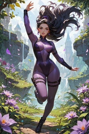 score_9, score_8_up, score_7_up, 1girl, full body, dynamic pose, purple catsuit, lush long black hair, in a gothic metropolis, best quality, HD32k