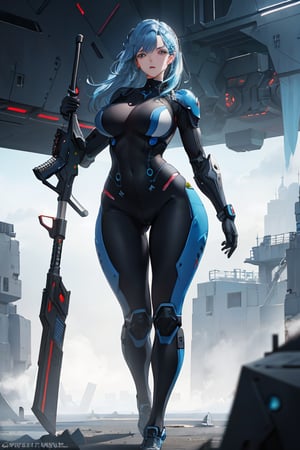 2 girls, looking around, weapons at the ready, dynamic stance, huge breasts, huge curvy hips, narrow waist, skinny, skin tight battle suit, cerulean blue, armor, futuristic, sci-fi, cyberware, cybertech, unexplored world, mist, ancient marvelous structures, ultra highres, atmosphere of mystery and danger, (detailed face:1.2), (detailed eyes:1.2), detailed background, intricate, foggy landscape, masterpiece, best quality