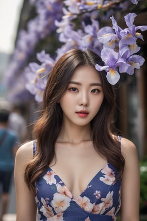 photography, realistic, raw photo, photo of a beautiful korean girl in floral printed sundress, on Seoul street, detailed iris and pupil, textured skin, candid shot, realistic, intricate detailed, flash photography, amazing photo, Camera="Sony 7R IV", Lens="Tamron 35-150mm F2-2.8 (Model A058)", "Aperture-of=f/8", "ISO=400"