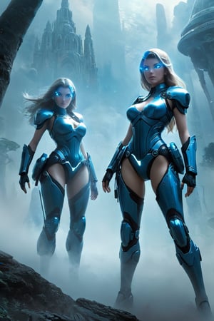 2 girls, looking around, weapons at the ready, dynamic stance, huge breasts, huge curvy hips, narrow waist, skinny, skin tight battle suit, cerulean blue, armor, futuristic, sci-fi, cyberware, cybertech, unexplored world, mist, ancient marvelous structures, ultra highres, atmosphere of mystery and danger, (detailed face:1.2), (detailed eyes:1.2), detailed background, intricate, foggy landscape, ghost person