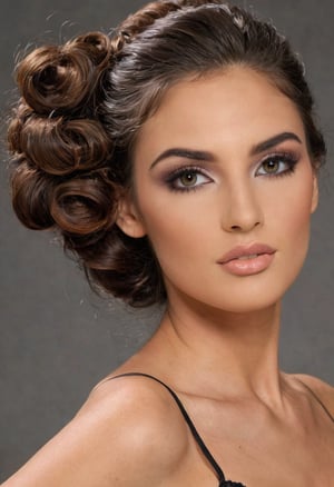 photography, realistic, raw photo, gorgeous brazilian model, brunette, Romantic Updo with Loose Curls, heavy makeup, intricate detailed, amazing photo