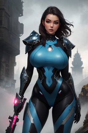 2 girls, looking around, weapons at the ready, dynamic stance, huge breasts, huge curvy hips, narrow waist, skinny, skin tight battle suit, cerulean blue, armor, futuristic, sci-fi, cyberware, cybertech, unexplored world, mist, ancient marvelous structures, ultra highres, atmosphere of mystery and danger, (detailed face:1.2), (detailed eyes:1.2), detailed background, intricate, foggy landscape, masterpiece, best quality