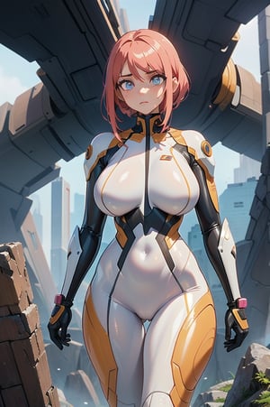 2 girls, looking around, weapons at the ready, dynamic stance, huge breasts, huge curvy hips, narrow waist, skinny, skin tight translucent white glossy smooth bodysuit, armor, futuristic, sci-fi, cyberware, cybertech, unexplored world, mist, ancient marvelous structures, ultra highres, atmosphere of mystery and danger, (detailed face:1.2), (detailed eyes:1.2), detailed background, intricate, foggy landscape, masterpiece, best quality, perfect, Enhance, FUJI, rubbersuit02, rubbersuit, realhands, Extremely Realistic, latex suit, rubber suit,Anime