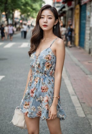 photography, realistic, raw photo, photo of a beautiful korean girl in floral printed sundress, on Seoul street