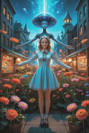 A curious young woman with a bouquet of vibrant flowers stands amidst a fantastical landscape inspired by Wonderland's whimsy. In the background, a glowing alien cityscape stretches towards the sky, illuminated by an ethereal blue light. The young woman's bright smile and outstretched arms seem to welcome the extraterrestrial visitors, as if showcasing her own little patch of wonder in this surreal science fiction world, masterpiece, (((best quality))), hyper detailed, HDR