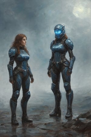 2 girls, looking around, weapons at the ready, dynamic stance, huge breasts, huge curvy hips, narrow waist, skinny, skin tight battle suit, cerulean blue, armor, futuristic, sci-fi, cyberware, cybertech, unexplored world, mist, ancient marvelous structures, ultra highres, atmosphere of mystery and danger, (detailed face:1.2), (detailed eyes:1.2), detailed background, intricate, foggy landscape, ghost person,oil painting