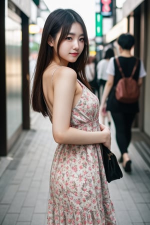 photo, photography, photo of a beautiful korean girl in floral printed sundress, on Seoul street