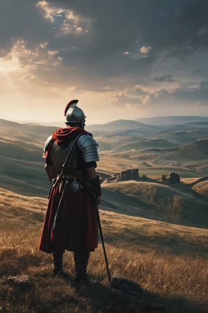 1 man, Roman legionaire, observing a battlefield, (RAW photo, best quality), (realistic, photo-Realistic:1.3), best quality, masterpiece, beautiful and aesthetic, 32K, high contrast, (vibrant color:1.4), cinematic lighting, ambient lighting, sidelighting, exquisite details and textures, cinematic shot, (bright and intense:1.2), a flawlessly composed and exquisitely lit photograph captures the essence of art, filigree elements, glowing accents, perfect composition on complex backgrounds, breathtaking surreal masterpiece, hyperrealistic inspired by Egon Schiele, Luis Royo, artistic, enchanting colors, masterful shadows, hyper details, hyperrealistic, otherworldly, by Yoshitaka Amano, Yoji Shinkawa, complex background, perfect composition, epic, rtx on, octane render, UHD, ghost person