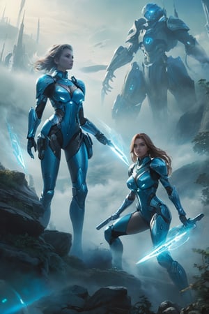 2 girls, looking around, weapons at the ready, dynamic stance, huge breasts, huge curvy hips, narrow waist, skinny, skin tight battle suit, cerulean blue, armor, futuristic, sci-fi, cyberware, cybertech, unexplored world, mist, ancient marvelous structures, ultra highres, atmosphere of mystery and danger, (detailed face:1.2), (detailed eyes:1.2), detailed background, intricate, foggy landscape, ghost person