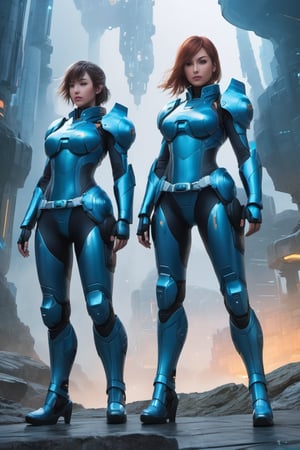 2 girls, looking around, weapons at the ready, dynamic stance, huge breasts, huge curvy hips, narrow waist, skinny, skin tight battle suit, cerulean blue, armor, futuristic, sci-fi, cyberware, cybertech, unexplored world, mist, ancient marvelous structures, ultra highres, atmosphere of mystery and danger, (detailed face:1.2), (detailed eyes:1.2), detailed background, intricate, foggy landscape, masterpiece, best quality,