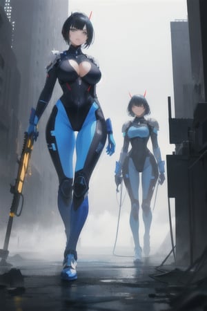 2 girls, looking around, weapons at the ready, dynamic stance, huge breasts, huge curvy hips, narrow waist, skinny, skin tight battle suit, cerulean blue, armor, futuristic, sci-fi, cyberware, cybertech, unexplored world, mist, ancient marvelous structures, ultra highres, atmosphere of mystery and danger, (detailed face:1.2), (detailed eyes:1.2), detailed background, intricate, foggy landscape, masterpiece, best quality