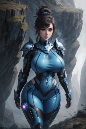 2 girls, looking around, weapons at the ready, dynamic stance, huge breasts, huge curvy hips, narrow waist, skinny, skin tight battle suit, cerulean blue, armor, futuristic, sci-fi, cyberware, cybertech, unexplored world, mist, ancient marvelous structures, ultra highres, atmosphere of mystery and danger, (detailed face:1.2), (detailed eyes:1.2), detailed background, intricate, foggy landscape, masterpiece, best quality