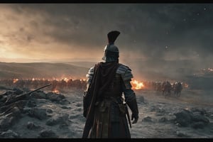 Roman legionnaire, observing a battlefield, side shot, thousands of romans and barbarians are fighting in the backgound, two armies, battle, war scene, (RAW photo, best quality), (realistic, photo-Realistic:1.3), best quality, masterpiece, beautiful and aesthetic, 32K, high contrast, (vibrant color:1.4), cinematic lighting, ambient lighting, sidelighting, exquisite details and textures, cinematic shot, (bright and intense:1.2), a flawlessly composed and exquisitely lit photograph captures the essence of art, filigree elements, glowing accents, perfect composition on complex backgrounds, breathtaking surreal masterpiece, hyperrealistic inspired by Egon Schiele, Luis Royo, artistic, enchanting colors, masterful shadows, hyper details, hyperrealistic, otherworldly, by Yoshitaka Amano, Yoji Shinkawa, complex background, perfect composition, epic, rtx on, octane render, UHD, ghost person