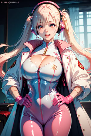 score_9, score_8_up, score_7_up,, score_6_up, (Masterpiece, Best Quality: 1.2), asian girl, long hair, smile, open mouth, bangs, big breasts, gloves, long sleeves, cleavage, twin tails, coat, smiling, shiny, hands on hips, shiny skin, v-shaped, headphones, tight clothing, gown, shiny clothes, latex, pink gloves, pink latex tights, big breasts, nudity, zipper completely open, sexy pose, facing the viewer, ultra highres, (detailed face:1.2), (detailed eyes:1.2), intricate, intricate design and details, ultra detailed, highest detail quality, ultra realistic, photography lighting, overcast reflection mapping, score_5_up