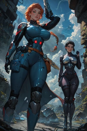 score_9, score_8_up, score_7_up, 2 girls, looking around, weapons at the ready, dynamic stance, huge breasts, huge curvy hips, narrow waist, skinny, skin tight battle suit, cerulean blue, armor, futuristic, sci-fi, cyberware, cybertech, unexplored world, mist, ancient marvelous structures, ultra highres, atmosphere of mystery and danger, (detailed face:1.2), (detailed eyes:1.2), detailed background, intricate, foggy landscape, ghost person,score_9_up,score_tag,masterpiece,disney pixar style,tag score