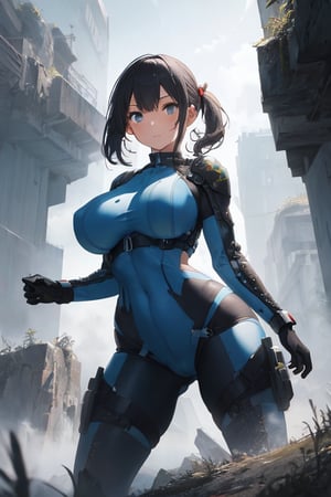 2 girls, looking around, weapons at the ready, dynamic stance, huge breasts, huge curvy hips, narrow waist, skinny, skin tight battle suit, cerulean blue, armor, futuristic, sci-fi, cyberware, cybertech, unexplored world, mist, ancient marvelous structures, ultra highres, atmosphere of mystery and danger, (detailed face:1.2), (detailed eyes:1.2), detailed background, intricate, foggy landscape, masterpiece, best quality